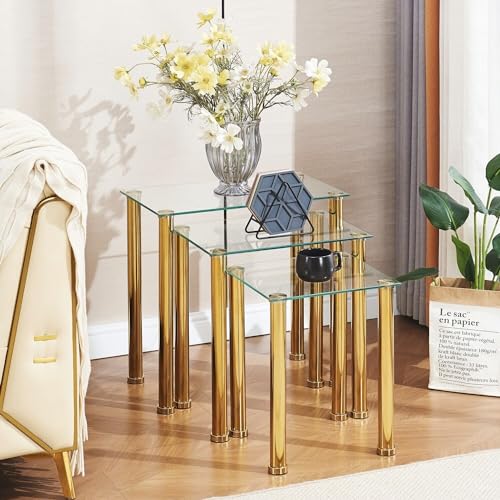 Nesting Table of 3, Tempered Glass Coffee Table End Table Side Table with Chrome Frame for Living Room, Patio, Balcony, Black