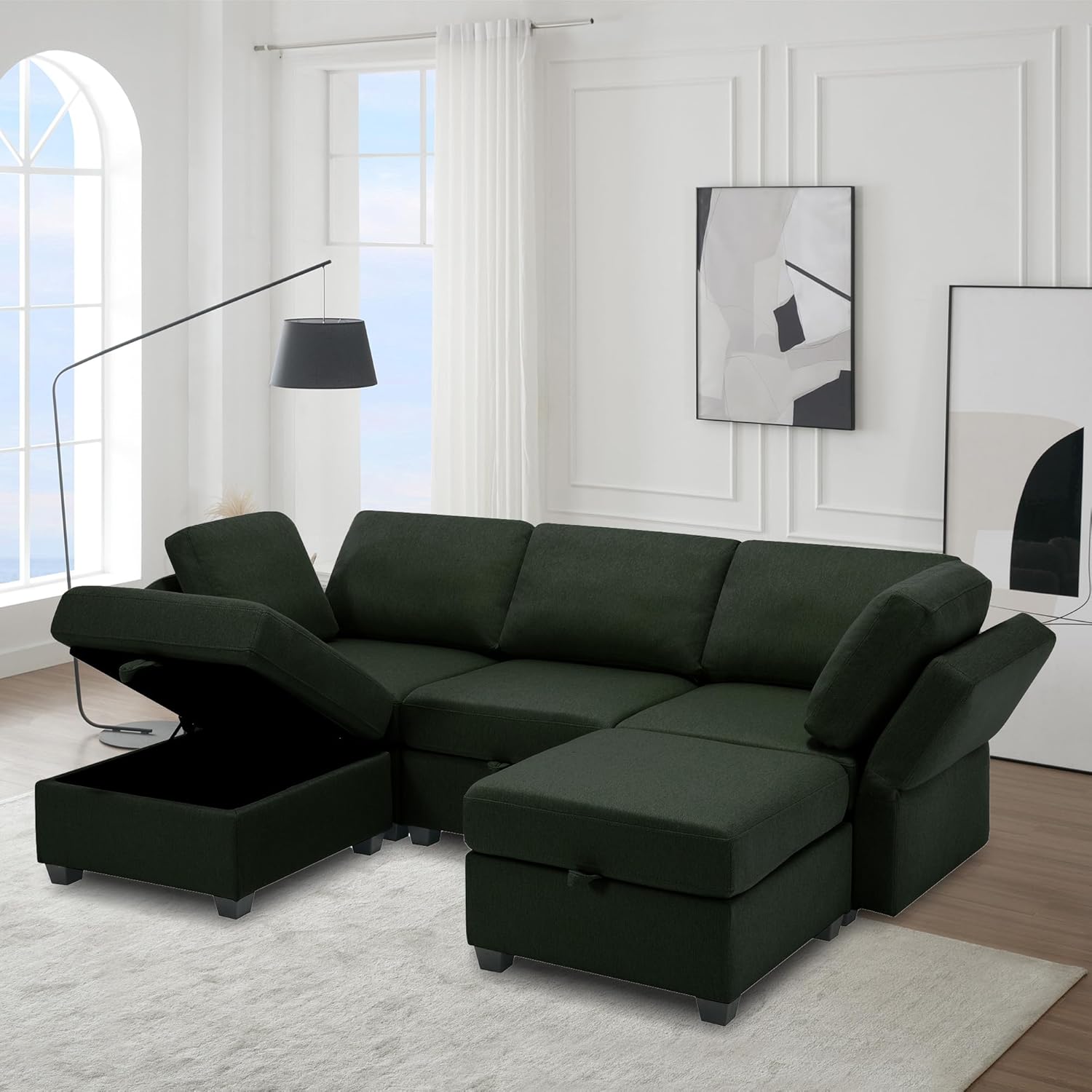 Reversible Sectional Sofa Modern Modular Sectional Couch with Chaise U Shaped Corner Sectional 5 Seater Modular Sofa with Storage Seats, Adjustable Arms and Backs - Green