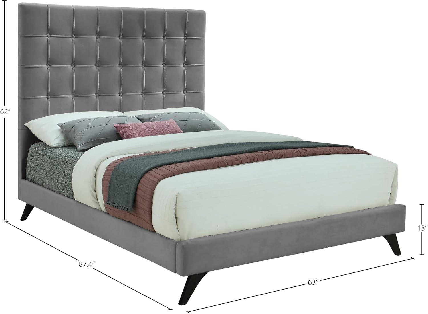 Meridian Furniture Elly Collection Modern | Contemporary Velvet Upholstered Bed with Deep Button Tufting and Custom Espresso Wood Legs, Queen, Grey