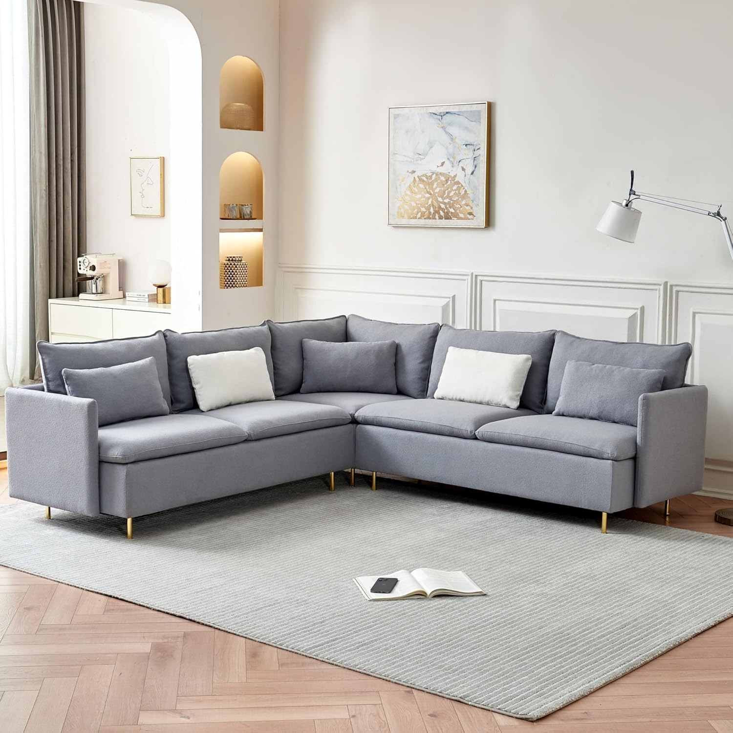 92” Modern Teddy Fabric Sectional Sofa with Supportive Pillows - Comfortable L-Shaped Couch for Living Room, Apartment, or Office - Elegant Design with Easy-Clean, Soft, Durable Upholstery