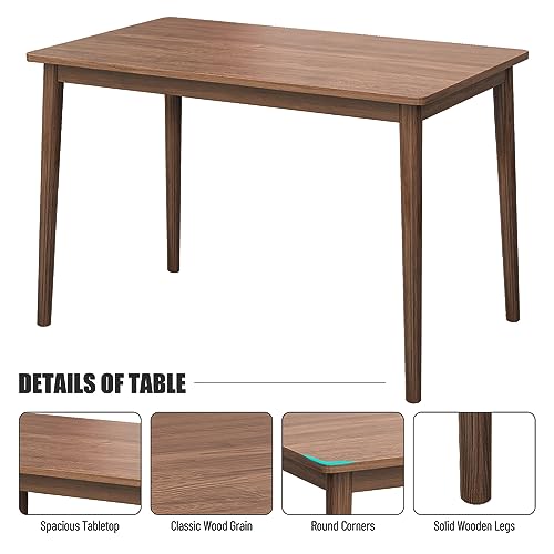 Walnut Color 3 Pieces Dining Table Set with 1 Rubberwood Rectangular Table and 2 Benches with Grey Fabric Cushions, 44.88 x 26.77 x 29.45 Inches, Space Saving Design