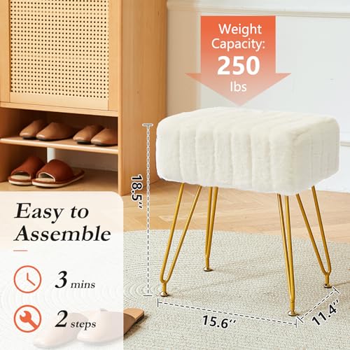 Rectangular Vanity Stool, Faux Fur Makeup Vanity Chair with Golden Metal Legs & Adjustable Feet, Soft Padded Seat Ottoman Foot Stool for Bedroom, Living Room