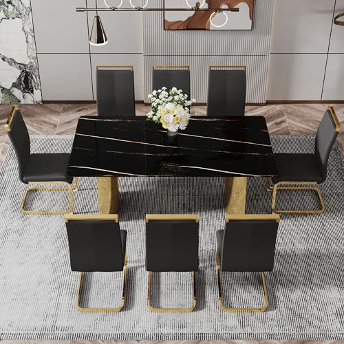 Faux Marble Dining Room Table Set for 8,Modern Rectangular Faux Marble Dining Table with Marble Top,9 Piece Marble Dining Table Set with 8 Pcs Leather Dining Chairs for Kitchen Dining Room