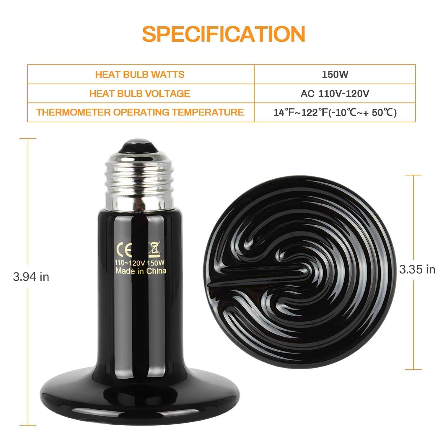 Simple Deluxe 150W Ceramic Heat Emitter Reptile Heat Lamp with Digital-Thermometer - Pet Supplies online store