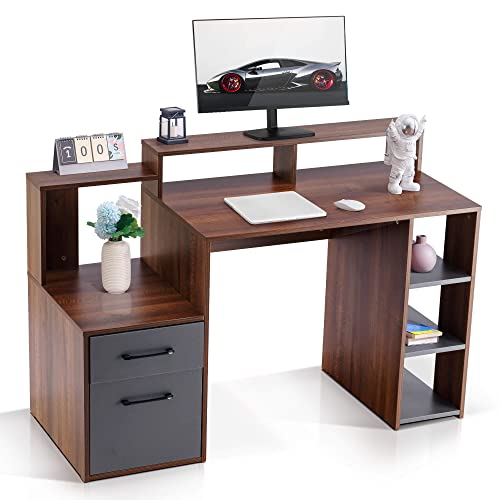 ivinta Computer Desk with Drawers, 52 inches Office Desk with Hutch and Printer Shelf, Modern Writing Desk Study Table for Small Spaces, Bedroom, Home Office (Brown)