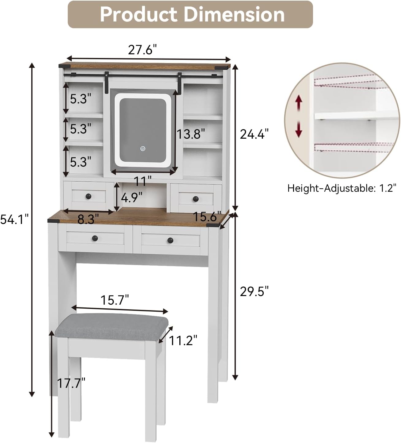 ARTETHYS Vanity Desk with Slide Mirror and Lights Farmhouse Makeup Vanity Set with Chair Small Dressing Table with Drawer for Bedroom, White and Brown