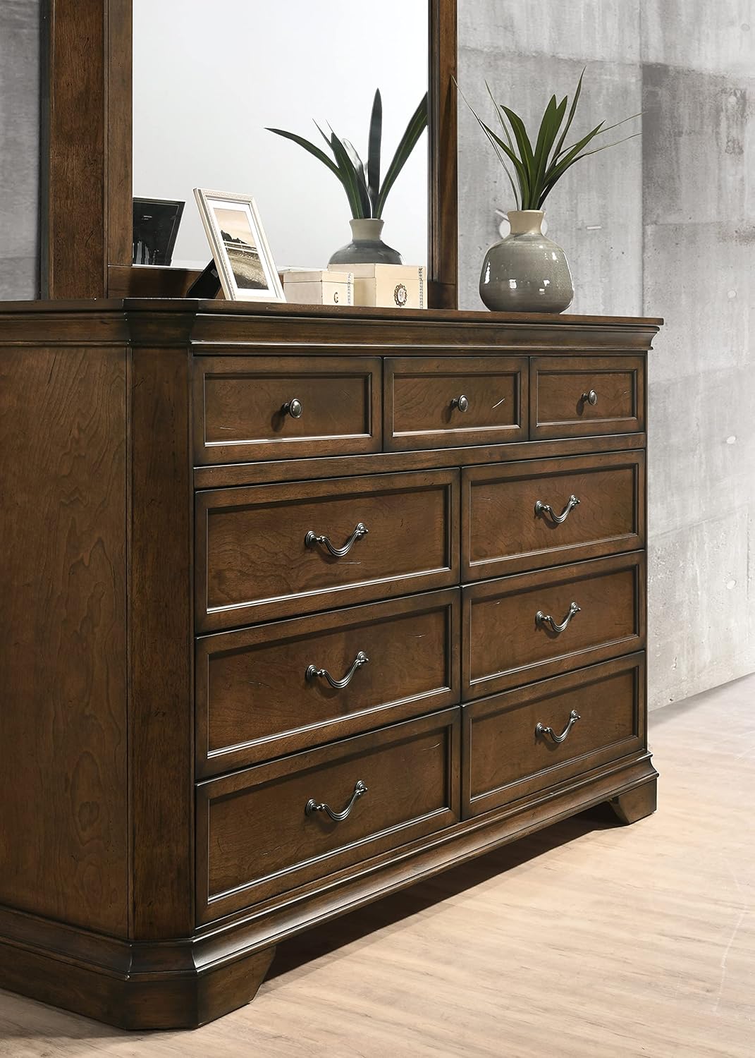 Roundhill Furniture Maderne Traditional Wood 9-Drawer Dresser with Mirror, Antique Walnut
