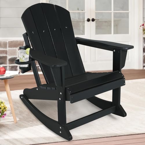Plastic Adirondack Chair - Rocking Adirondack Chairs with Cup Holder, Weather Resistant Seating for Patio, Porch, Deck, Pool, Garden, Backyard (Seat Width 20