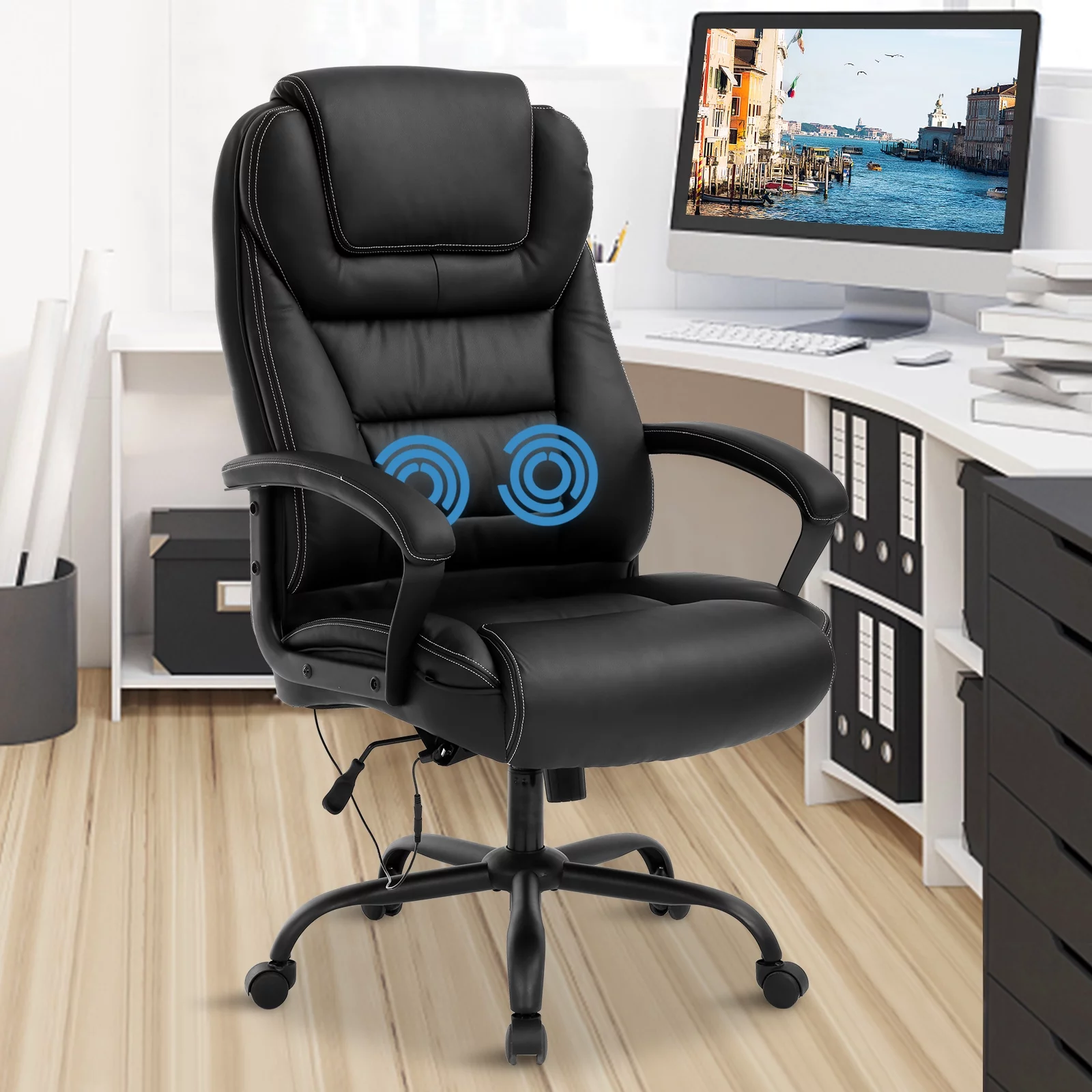 Big and Tall Office Chair 500 lbs Capacity with Massage, Heavy Duty Ergonomic Office Chair High Back Desk Chairs for Adults Computer Chair with Arms Lumbar Support Leather Task Chair Heavy People