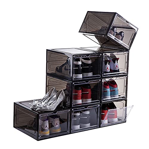Attelite Drop Front Plastic Shoe Box with Clear Door,Set of 6,Stackable,For Display Sneakers,Easy Assembly,Fit up to US Size 12(13.4”x 10.6”x 7.4”)