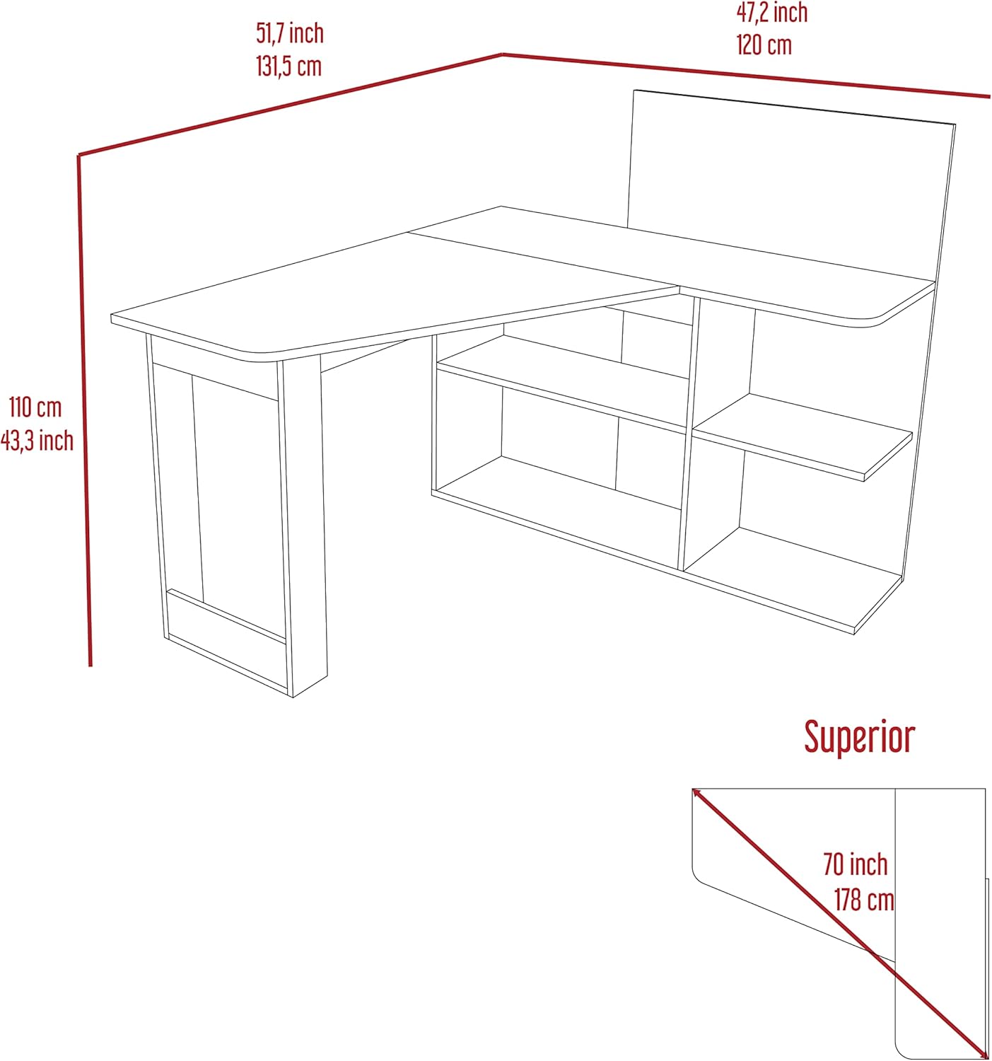 Masai L-Shaped Writing Computer Desk with Five Open Shelves, Smokey Oak Grey, 47.20 x 51.70 x 43.30 Inch, Corner Desk