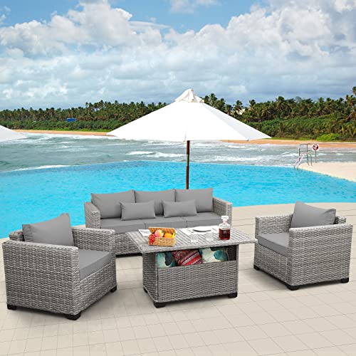 Rattaner Patio Furniture Set 4 Pieces Outdoor Furniture Sets Patio Couch Outdoor Chairs Propane Fire pit with Anti-Slip Cushions and Waterproof Covers, Khaki