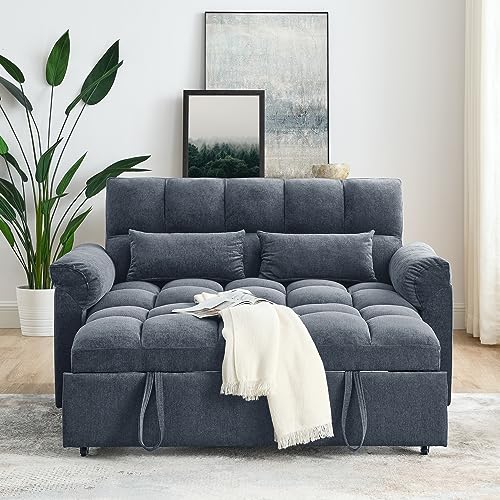Modern Convertible Sleeper Sofa with Twin XL Size Pull Out Couch Bed, Functional Tufted Loveseat & Daybed for Home Office Apartment Studio Small Space Living Room,Deep Grey Linen with Pillows