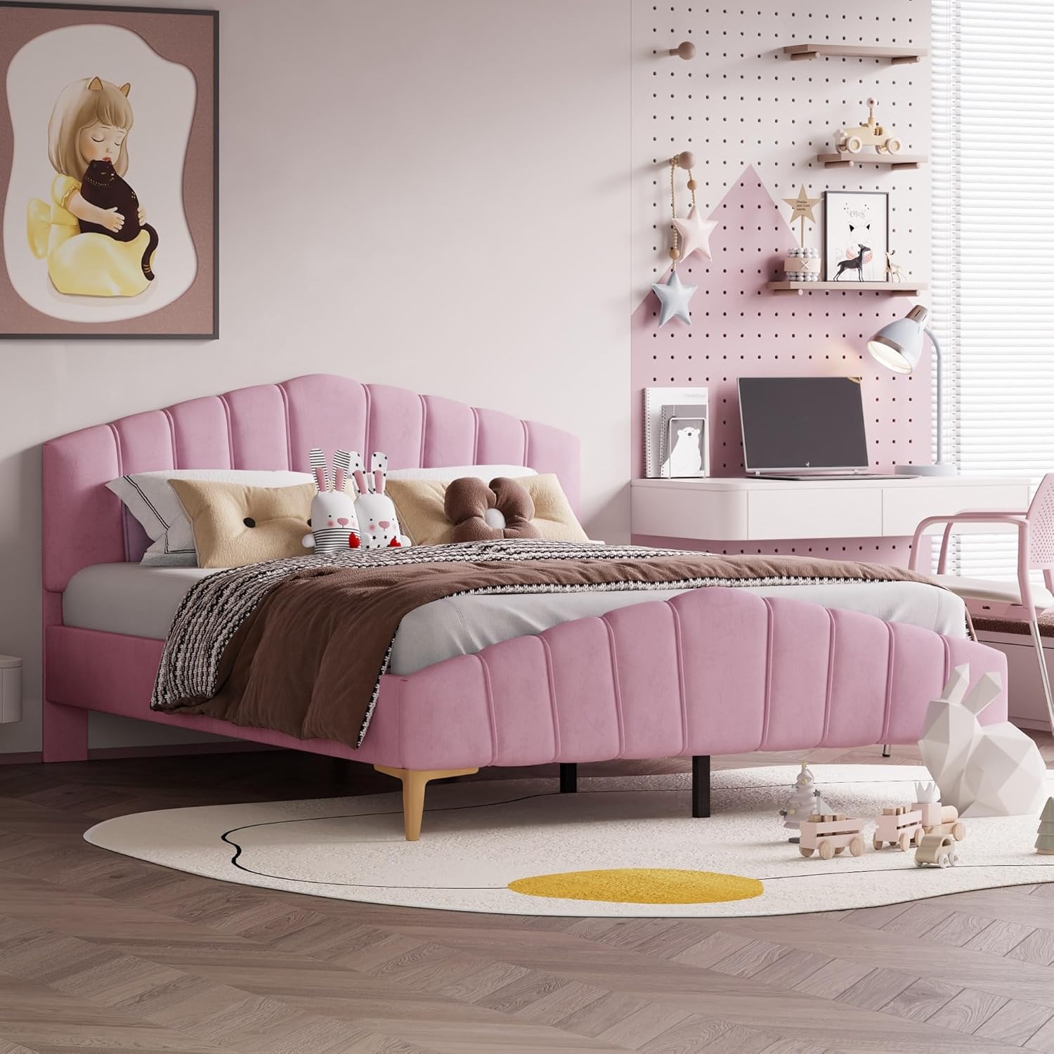 Modern Queen Size Bed Frame Velvet Upholstered Platform with Stripe Headboard Master Bedroom Double Pink Contemporary Includes Hardware