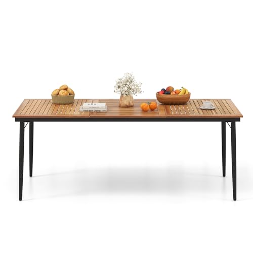 Tangkula Outdoor Dining Table for 8, 79 Inch Acacia Wood Patio Table with 1.9” Umbrella Hole, Metal Frame & Adjustable Foot Pads, Indoor Bistro Table for Poolside, Garden & Deck