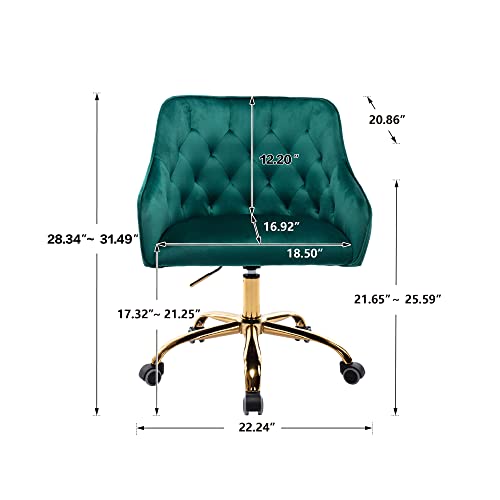 Home Office Desk Chair with Wheels 360° Swivel Modern Computer Task Chairs, Height Adjustable, High-Density Sponge Cushion, 280 lb Weight Capacity, Golden Metal Base, Teal