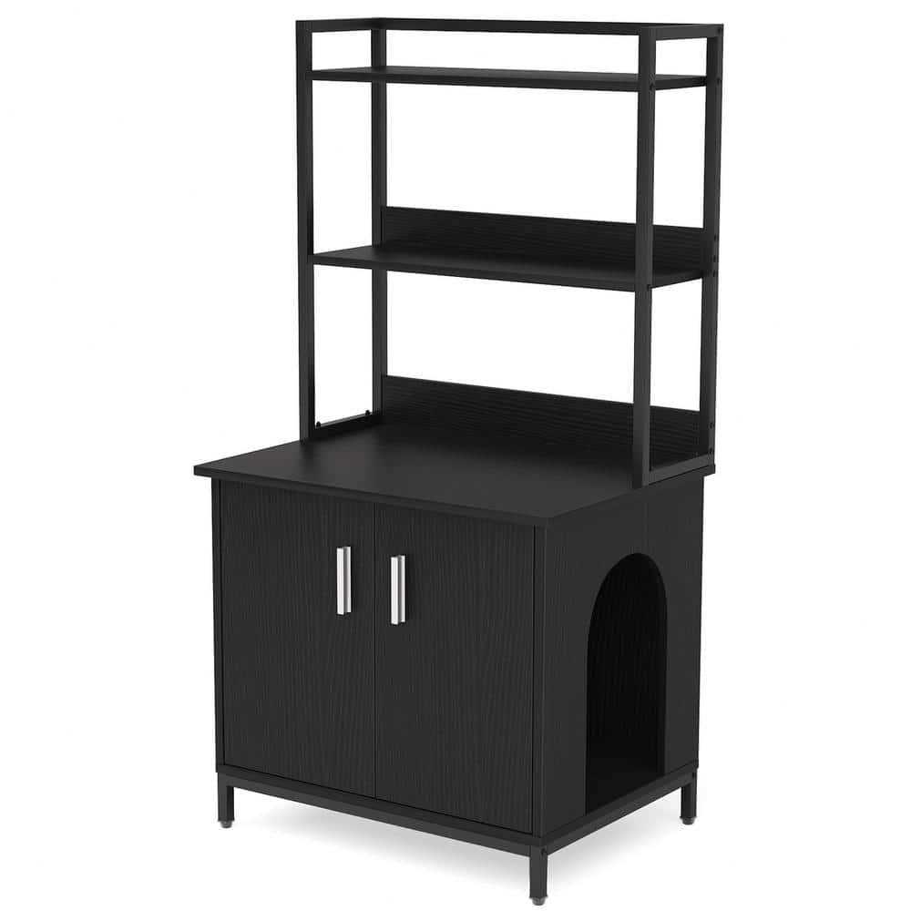 Kellum Black Litter Box Enclosure, Industrial Cat Cabinet with Shelves and Doors - Pet Supplies online store