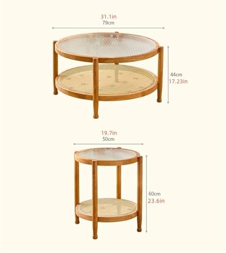 2 Pack Coffee Table, Double-Layer Round Coffee Table with Storage, Glass Top Coffee Table, Modern Rattan Coffee Table for Dining Living Room Lounge Bedroom(Color:Black)