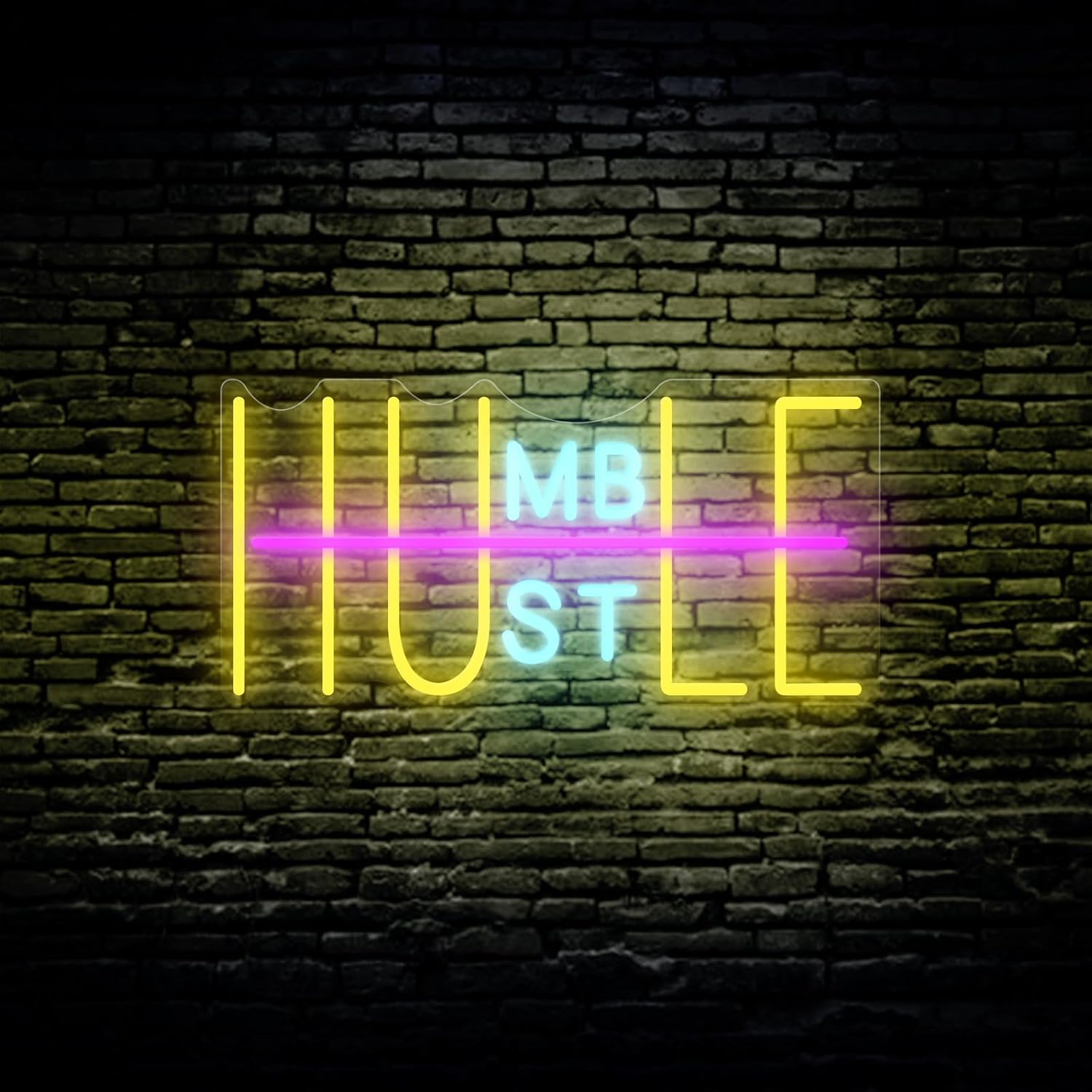 Hustle Neon Sign,LED Humble Neon Signs for Wall Decor,Light Up Signs for Office Room Bedroom Game Room Party Club Decor,Battery Box or USB Powered(Orange + Ice Blue)