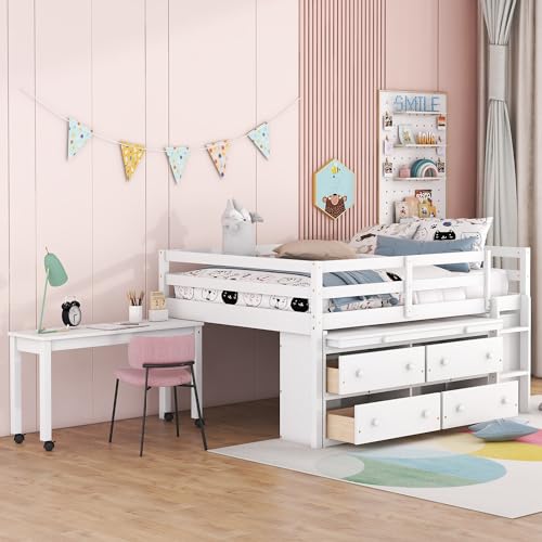 Modern Farmhouse Low Loft Bed with 1 Drawer and Bookcase,Free Space for Entertaining Under The Bed and a Ladder for Easy Climbing are The Best Choices for Children's bedrooms! (Twin, White#1)