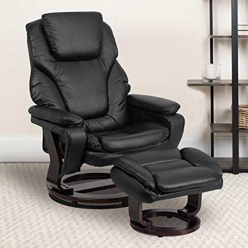 EMMA + OLIVER Multi-Position Recliner & Ottoman with Swivel Wood Base in Brown Microfiber
