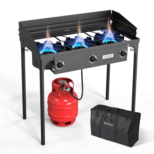 ROVSUN 3 Burner Propane Gas Stove with Side Shelf & Carrying Bag, 225,000BTU Outdoor Burner with Wind Panel & CSA Listed Regulator, Picnic Cooker for Home Patio Cooking Camping Brewing Turkey Frying
