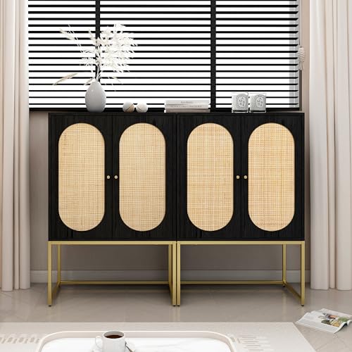 Natural Rattan 2 Door High Cabinet, Sideboard Buffet Cupboard Accent Cabinet with 1 Adjustable Shelves, Wooden Free Standing Cabinet for Living Room Dining Room (Black)