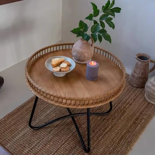 Rattan Side Table, Japanese Style Round Coffee Table,Metal Base End Table for Living Room