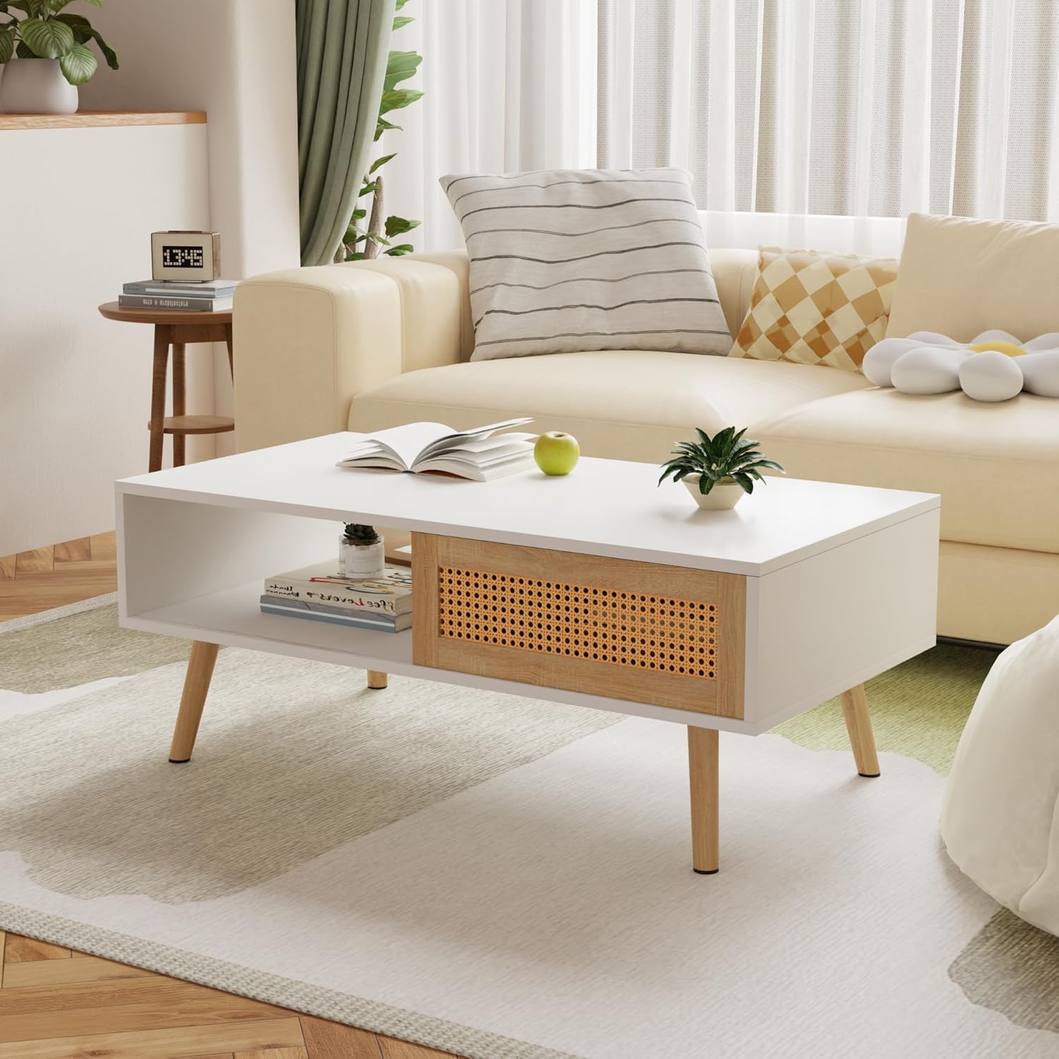 Mid-Century Modern Coffee Table with Storage, Rectangle Center Tables with Sliding Rattan Door Panel and Solid Wood Legs, Accent Furniture for Living Room Home Office, White