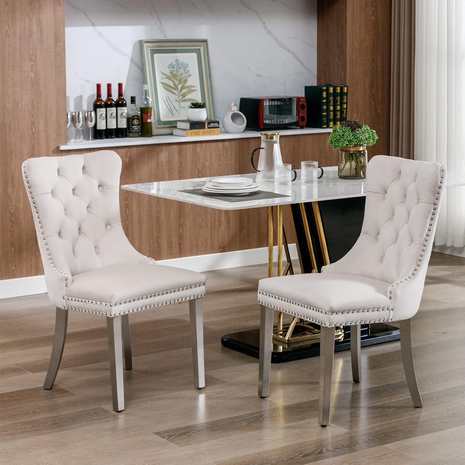 Solid Wood Dining Chair with Nailhead Trim,Velvet Upholstered W Stainless Steel Plating Legs,Set of 2,for Living Room,Apartemnt,Beige and Chrome, 37.5