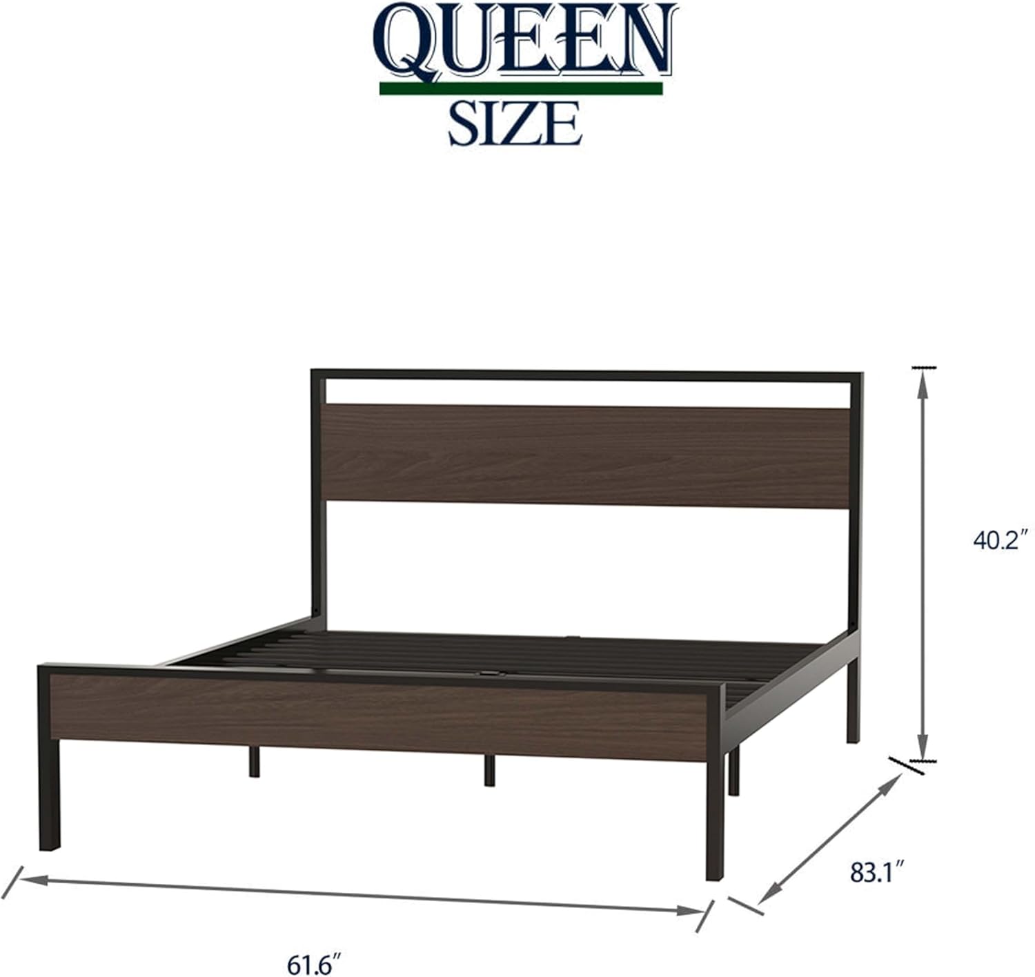 Platform Metal Bed Queen Size, Mattress Foundation, Queen Bed Frame with Walnut Wood Headboard and Under Bed Storage, Metal Queen Bed Frame No Box Spring Needed for Queen Mattress, Black