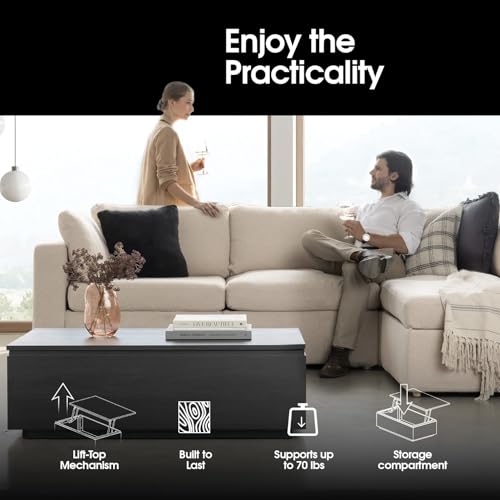 Lift Top Coffee Table with Hidden Storage Compartment Panel Space, Wooden Convertible Coffee Table for Living Room, Home Office, Dining (Black)