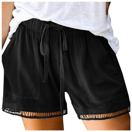 Linen Shorts for Women High Waisted Solid Color Elastic Drawstring Bottoms Loose Fit Casual Beach Shorts with Pockets