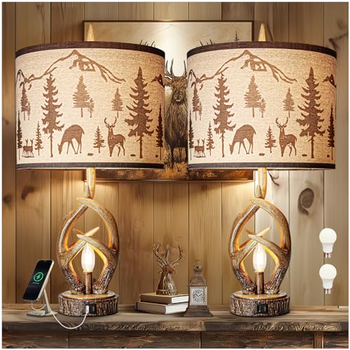 Rustic Traditional 350° Adjustable Swing Arm Table Lamp Set of 2 with USB A+C Ports Brown Finish Cream Shade Vintage Nightstand lamp for Living Room Bedroom Office (LED Bulb Included)