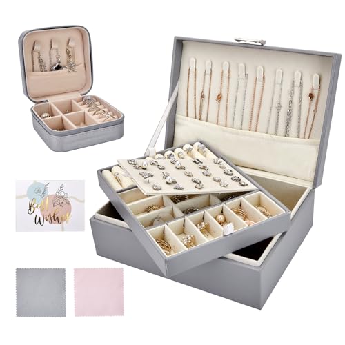 Jewelry Box Organizer for Women - 2 Layer Jewelry Organizer Storage Set with Small Travel Jewelry Case for Girls Ring Earring Necklace Bracelet, PU Leather Jewelry Boxes with Removable Tray (Grey)