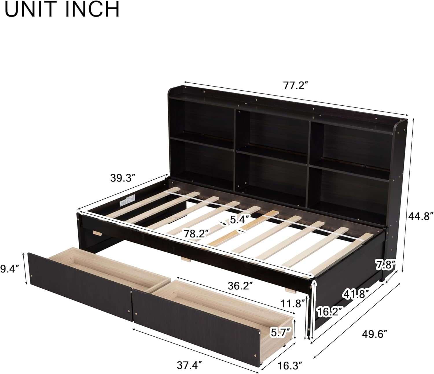 Twin Size Captain Bed with Storage Drawers and Side Bookcase, Versatile Wooden Daybed for Kids Teens Adults Dorm Bedroom Guest Room or Home, Espresso