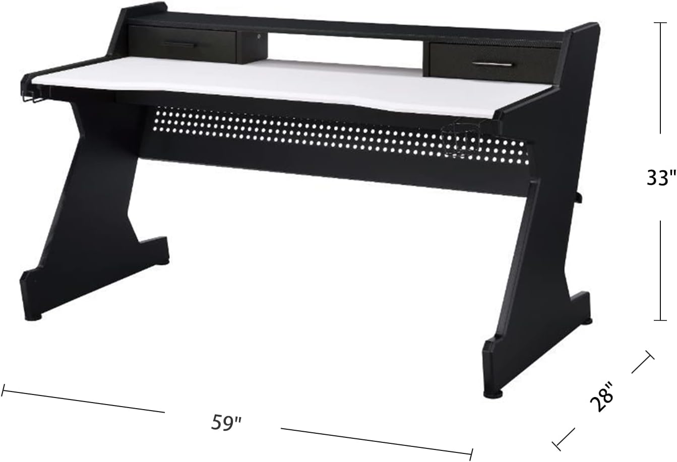 Acme Bigga Wooden Top 2-Drawer Gaming Table with Metal Frame in Black and White