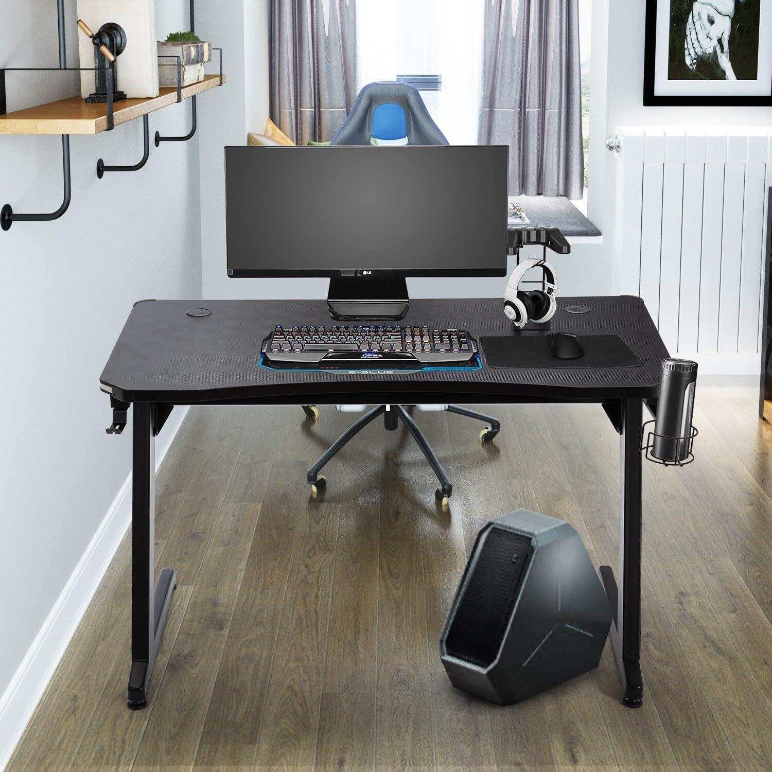Overstock 48 in. Z-Shaped Rectangular Gaming Desk with Headphone Hook and Cup Holder Black