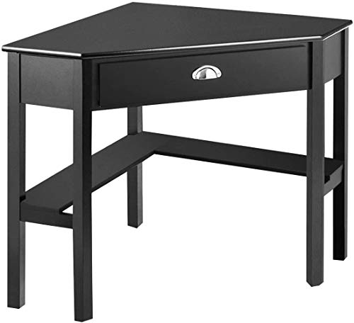 Corner Computer, Triangle Cornerr Wood, Sturdy Steel Frame for Workstation with Storage Drawer & Shelves, Writing Smooth Compact Home Office Desks, Black