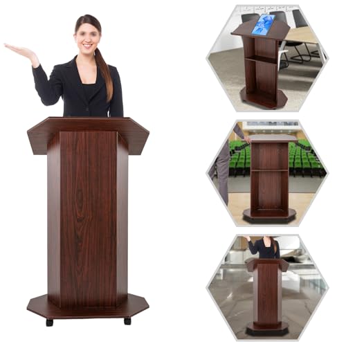 Floor Standing Podium 17.5'', Conference Presentation Stand with 4 Rolling Wheels, Movable Desk Classroom Church with Storage Shelves and Slant Desktop Lecterns for Conference Classroom (Oak Color)