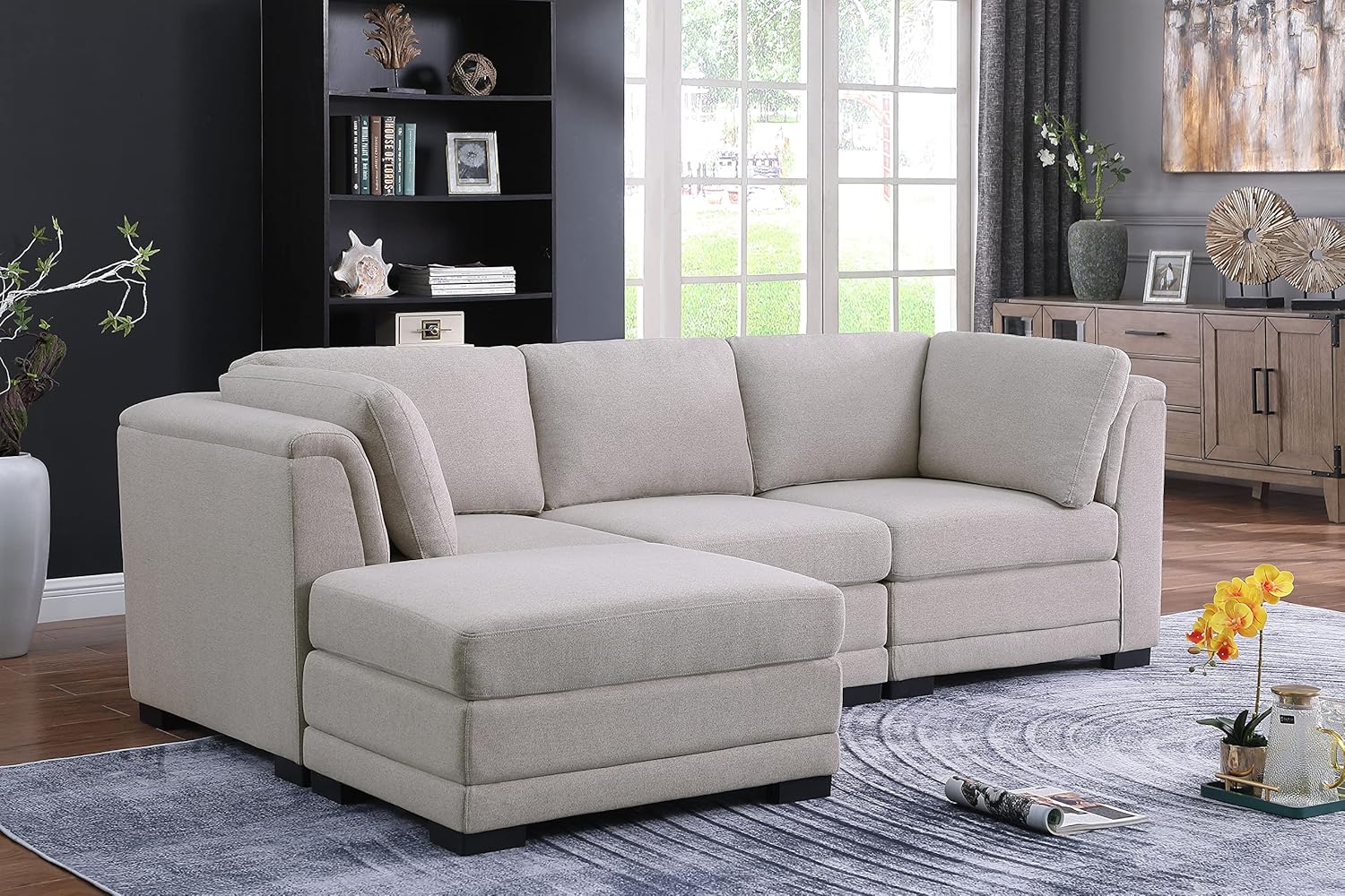 Kristin 96 Inch Light Gray Linen Fabric Reversible Sectional Sofa with Ottoman, includes Corner and Armless Chairs, Spacious Seating for Living Room