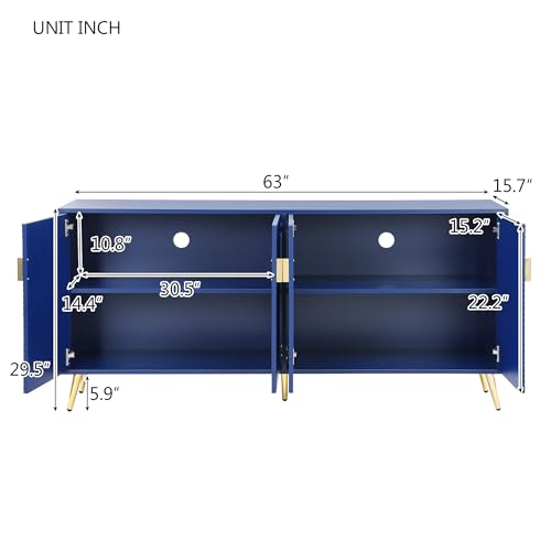 Merax Modern TV Stand for Televisions up to 80 Inches, Entertainment Center with Storage Drawers and Glass Door Cabinet, Marble-patterned Top Media Console Table & Metal Legs for Living Room, Blue