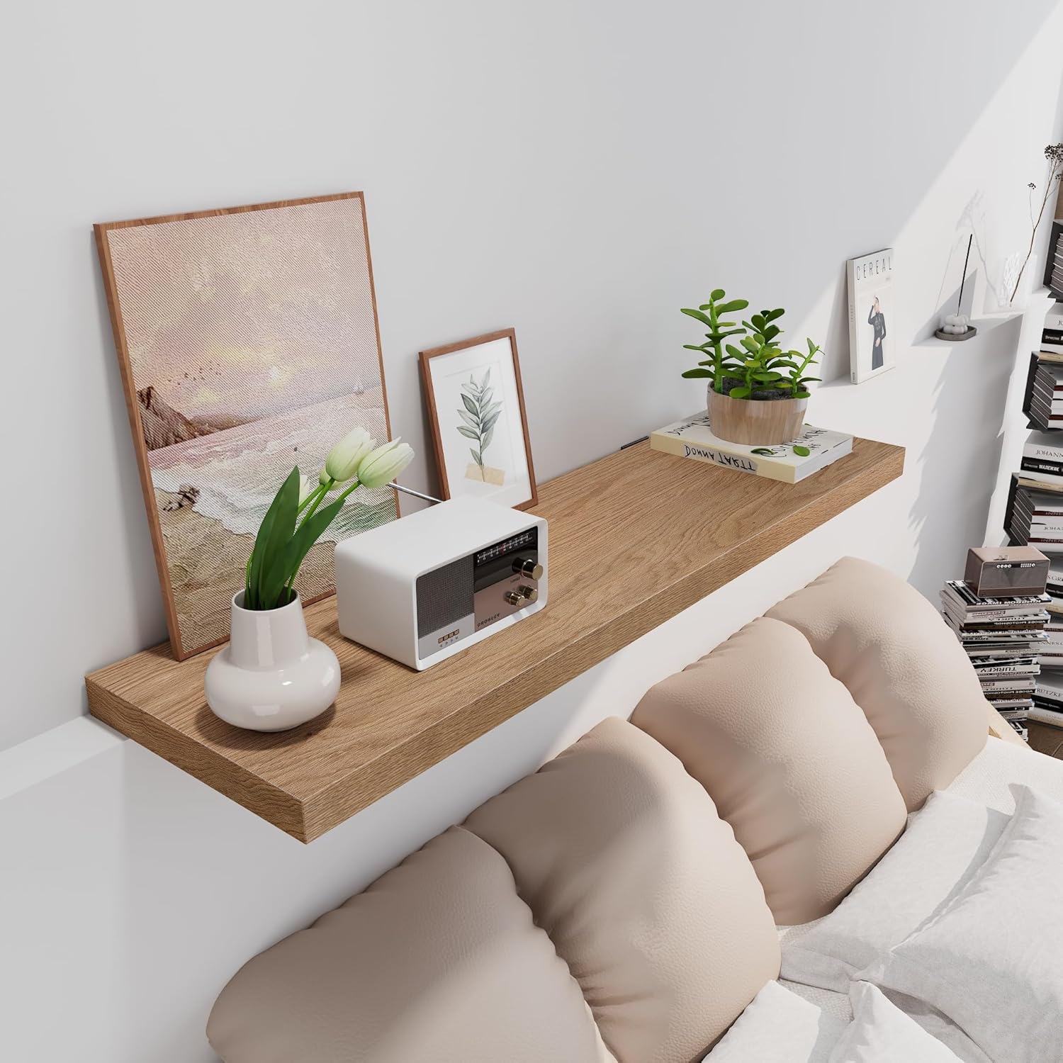 36 Inch Oak Floating Shelves - 10 Inches Deep Solid Oak Floating Shelves for Wall, Rustic Wood Live Edge Floating Shelves Wall Mounted, Heavy Duty Large Floating Shelf for Under TV, Any Room.