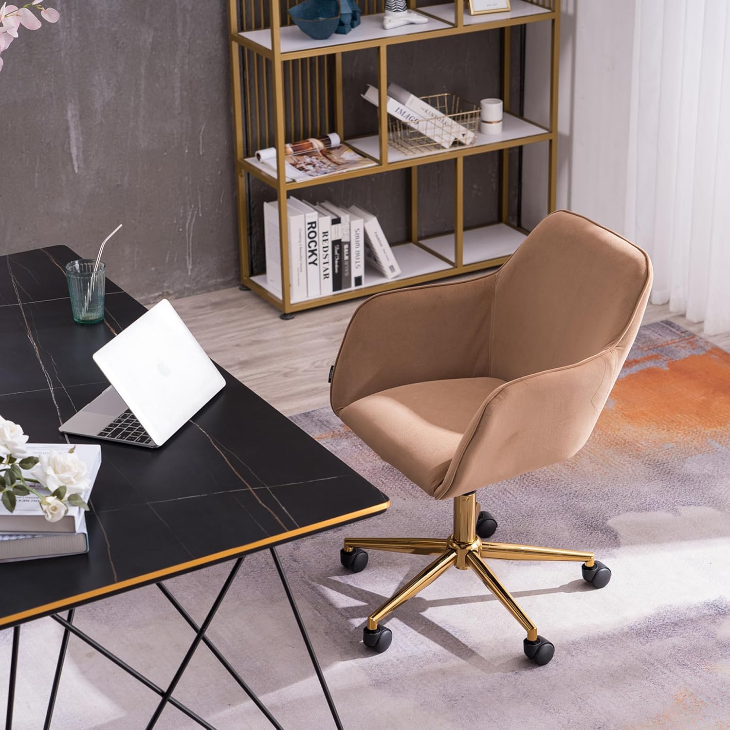 002-Velvet Fabric Adjustable Height 360 revolving Home Office Chair with Gold Metal Legs and Universal Wheels for Indoor,Light Coffee