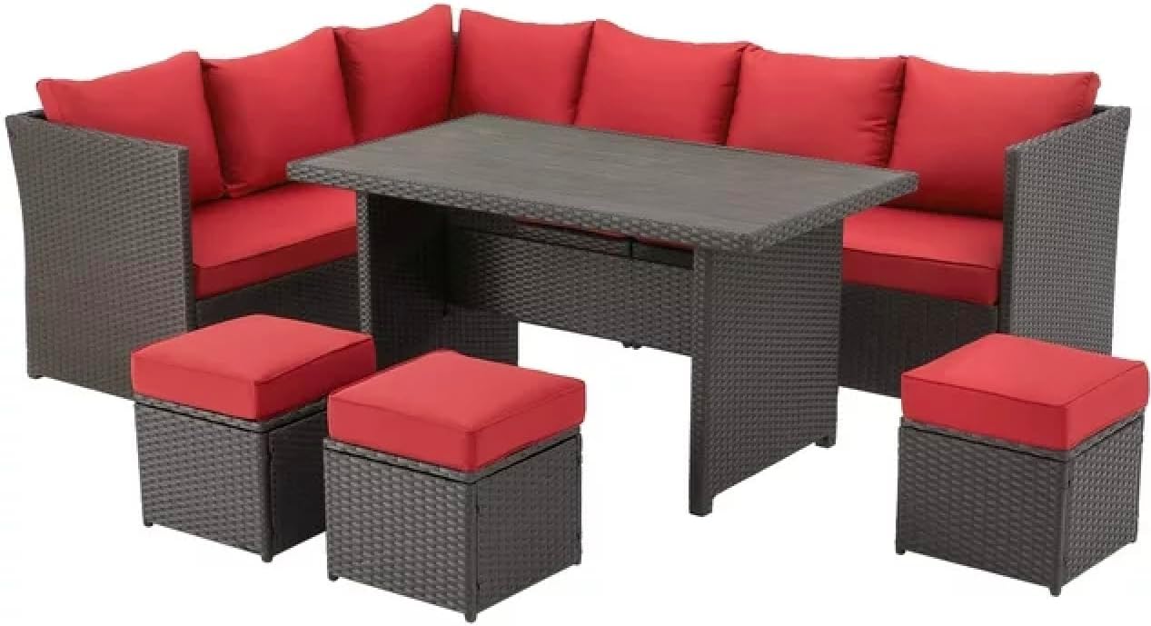 7 Piece Patio Conversation Set, Outdoor Sectional Sofa Rattan Wicker Dining Furniture, Gray (Red), dd1123