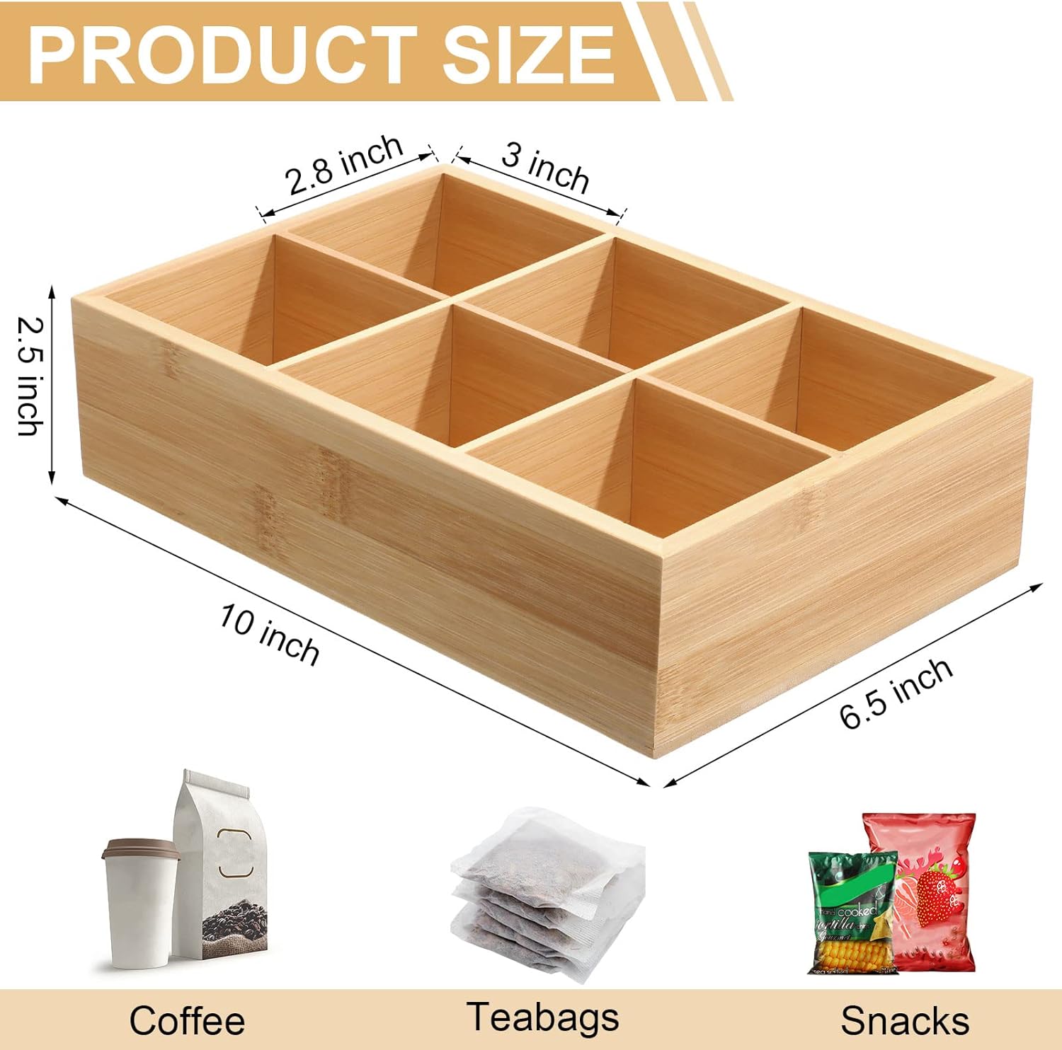 4 Pcs Bamboo Divided Storage Organizer Bamboo Container with 6 Compartments Wood Food Storage Bin Wooden Tea Drawer Box Bamboo Pantry Bin Wooden Holder Case for Snacks Tea Bags Coffee Sugar