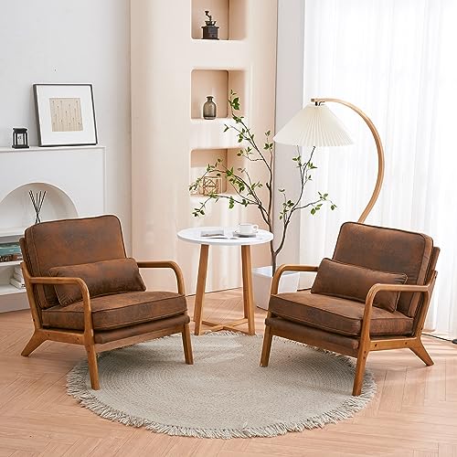 Hison Mid Century Modern Accent Chair Arm Chairs for Living Room with Lumbar Pillow Upholstered Lounge Arm Chair with Solid Wood Frame,Grey