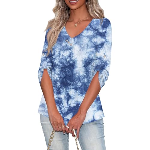 Womens Polo Shirts Short Sleeve Woman V Neck 3/4 Sleeve Shirts 2024 Fashion Dressy Fall Blouses Dailywear Tunic Top