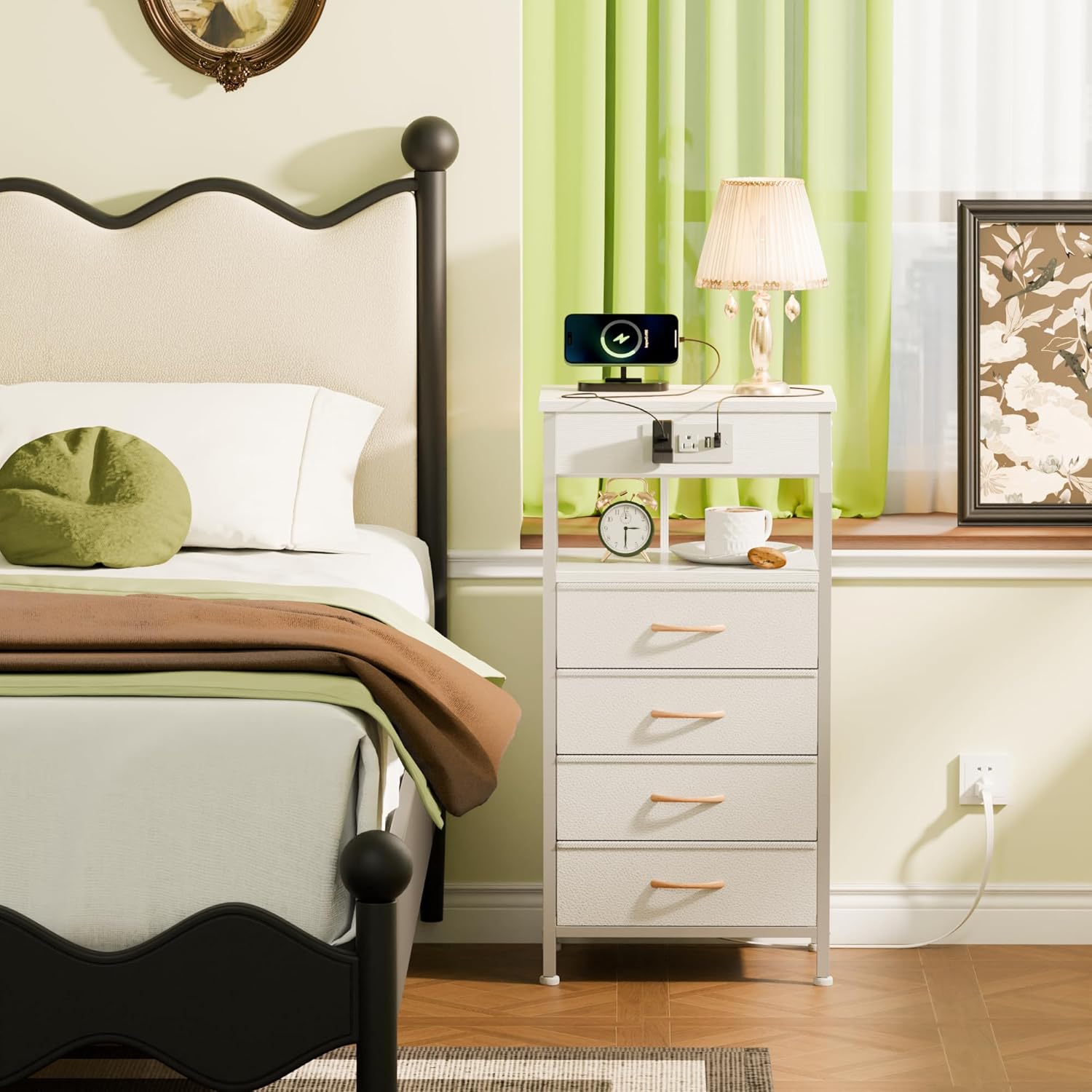 Furnulem Nightstand Set of 2, Night Stand with Charging Station + LED Bedside Table with Open Shelf,