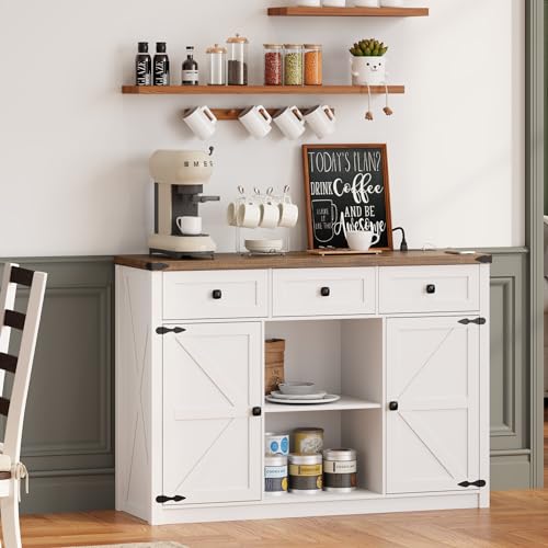 Farmhouse Sideboard Buffet Cabinet with Storage, Large Kitchen Storage Cabinet with 3 Drawers and 2 Doors, Coffee Wine Bar Cabinet with Light and Charging Station for Kitchen, White